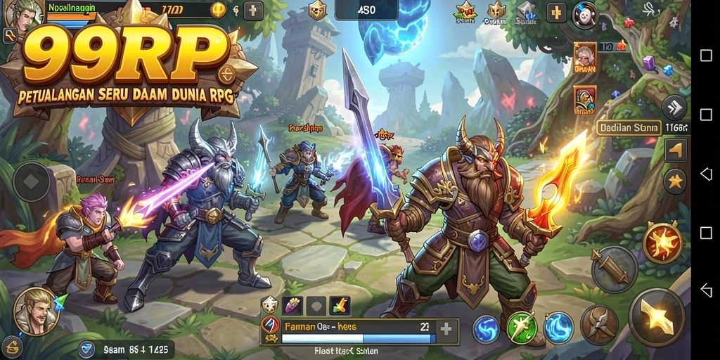 Screenshot gameplay RPG 99RP yang menampilkan pertarungan epik.