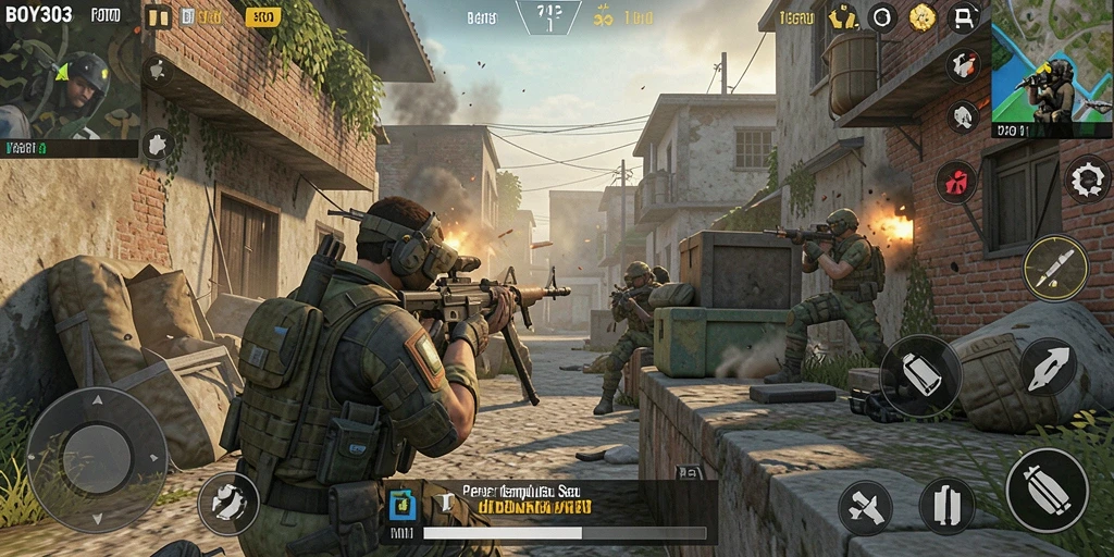 Screenshot utama BOY303 menampilkan aksi intens dalam pertempuran FPS.
