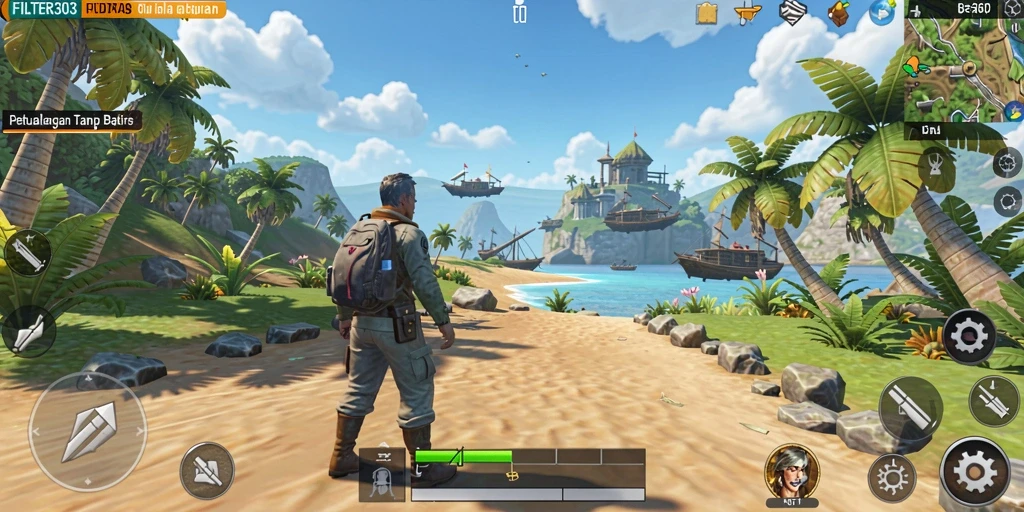 Gameplay eksplorasi yang menakjubkan dalam FILTER303 menampilkan dunia terbuka.