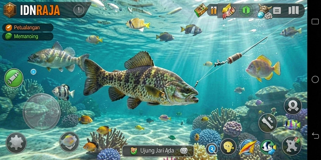 Screenshot gameplay <strong>IDNRAJA</strong> menunjukkan aksi memancing yang mendebarkan.