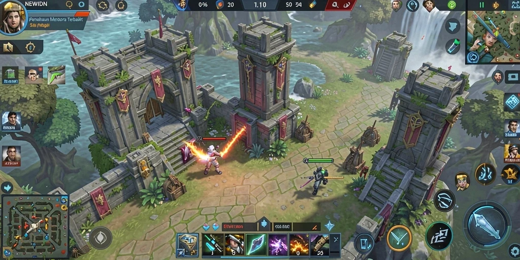 Tangkapan layar dari gameplay <strong>NEWIDN</strong> yang menampilkan menara pertahanan yang strategis.
