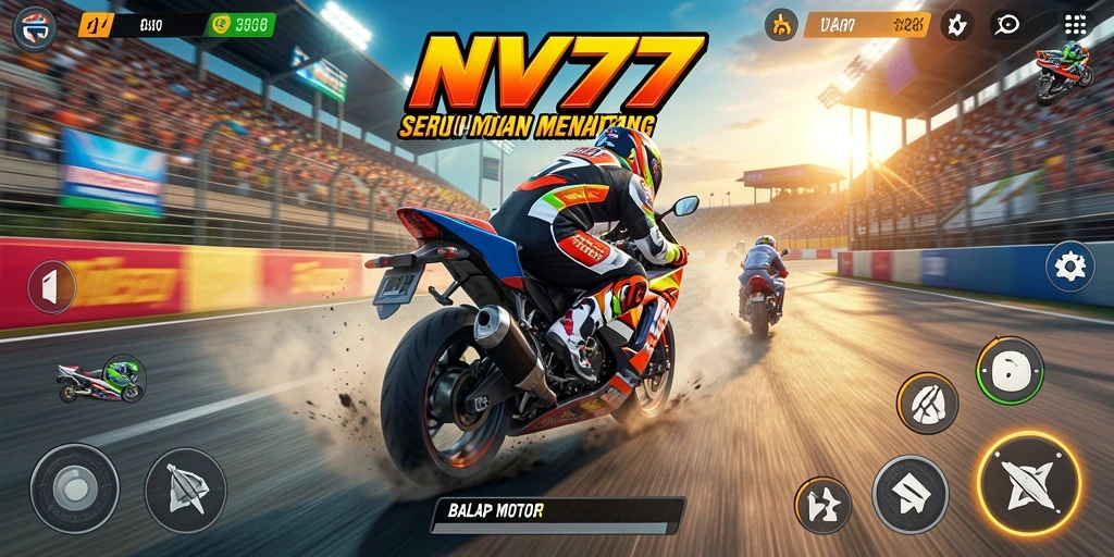 Screenshot NV77 menunjukkan aksi balap motor yang menegangkan.