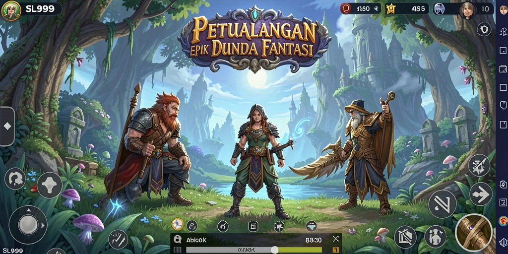 Tangkapan layar SL999 menampilkan pertarungan epik di dunia fantasi.