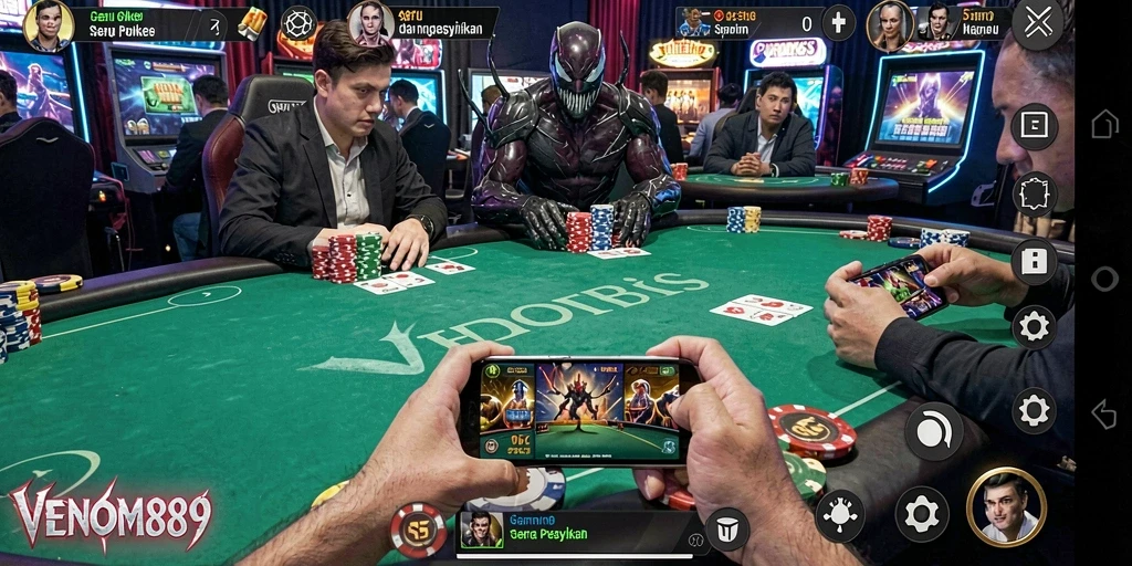 Tampilan gameplay utama VENOM889 dengan pemain poker yang berinteraksi.